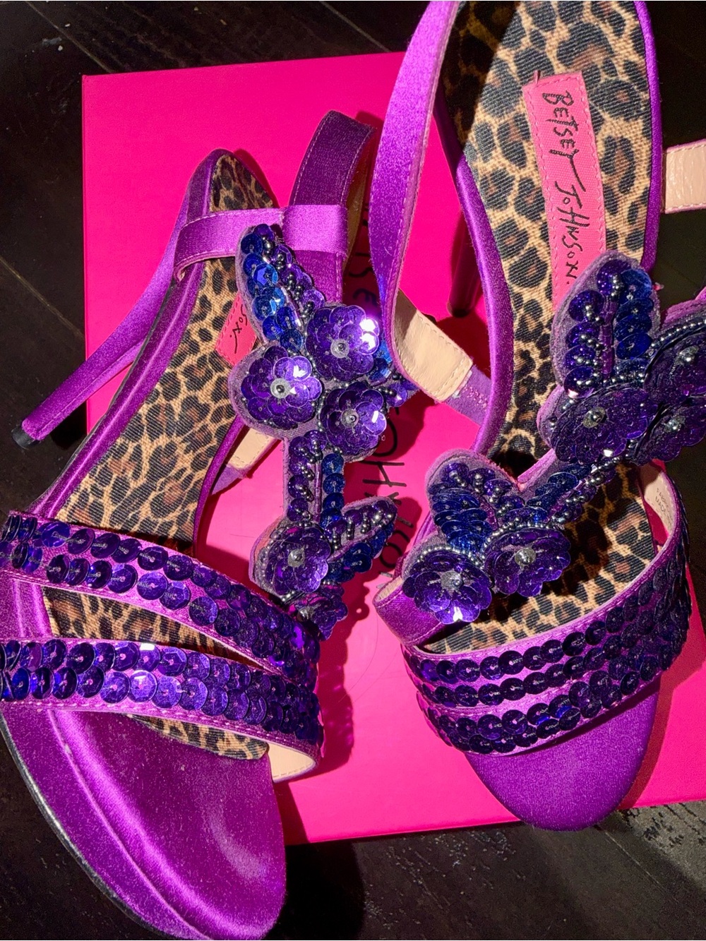 Betsey Johnson Izzy Purple Sequin Floral High Heel Sandals *RARE*